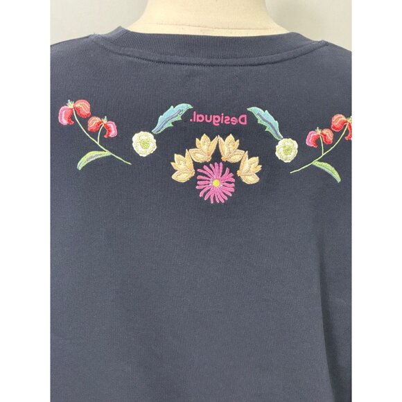Desigual Floral Embroidered Sweatshirt Navy Blue Crew Neck Terry Lined Size M - Picture 4 of 11